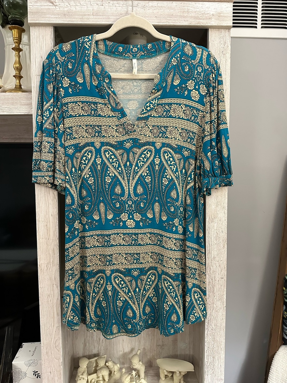 Womens Teal Paisley V-Neck Tunic Top